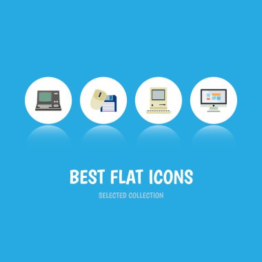 Düz simgesi dizüstü bilgisayar teknolojisi, bilgisayar, ekran ve diğer vektör nesnelerini ayarlayın. Ayrıca içerir görüntü, disket, Vintage öğeler.