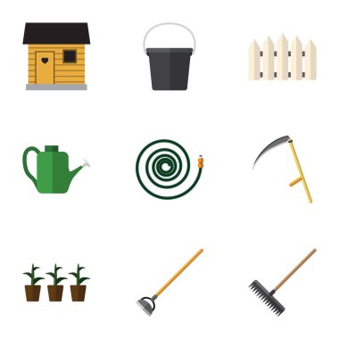 Düz simgesi kulübemde Harrow, kova, ahşap bariyer ve diğer vektör nesneleri kümesi. Ayrıca Stabling, çit elemanları kapsayıcı içerir.