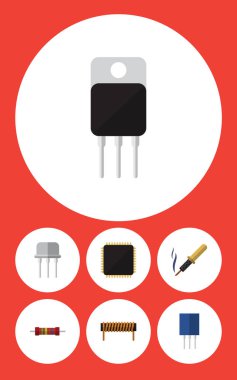 Düz simge teknoloji direnç, bobin, onarım ve diğer vektör nesneleri ayarlayın. Ayrıca küme, alıcı, bakır unsurları içerir.