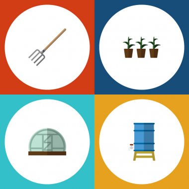 Düz simgesi çiftlik kümesi saksı, saman çatal, konteyner ve diğer vektör nesneleri. Ayrıca bitki, çiftlik, sera öğeler içerir.