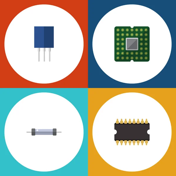 Conjunto de dispositivos electrónicos de iconos planos, microprocesador, receptáculo y otros objetos vectoriales. También incluye Resistencia, Destinatario, Elementos Centrales . — Archivo Imágenes Vectoriales