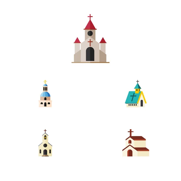 Icono plano conjunto de construcción de la religión, edificio, tradicional y otros objetos vectoriales. También incluye Iglesia, Religión, Elementos Católicos . — Vector de stock