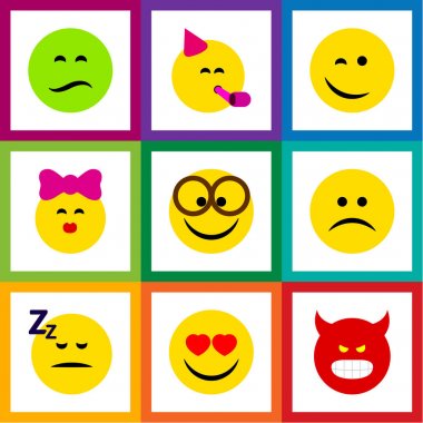 Aşk, acı, okşa ve diğer vektör nesnelerini düz simgesi ifade kümesi. Ayrıca öpücük, gözlük, gülümseme unsurları içerir.