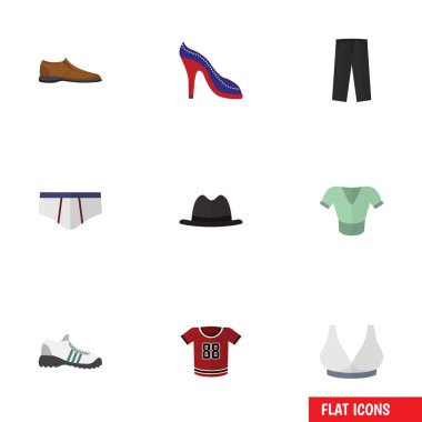 Düz simgesi giysi kümesi çamaşır grupları, erkek Footware, topuklu ayakkabı ve diğer vektör nesneleri. Ayrıca ayakkabı, pantolon, şapka unsurları içerir.