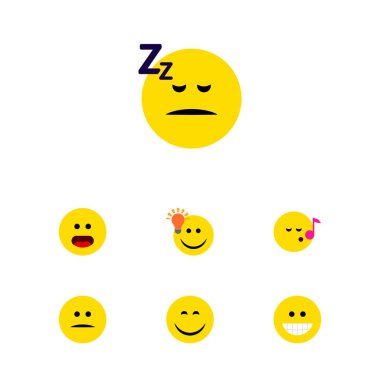 Merak ediyorum, hiç memnun kalmamıştı, düz simgesi yüz kümesine sahip iyi bir görüş ve diğer vektör nesneleri. Fikir, uyku, şarkı öğeleri de içerir.