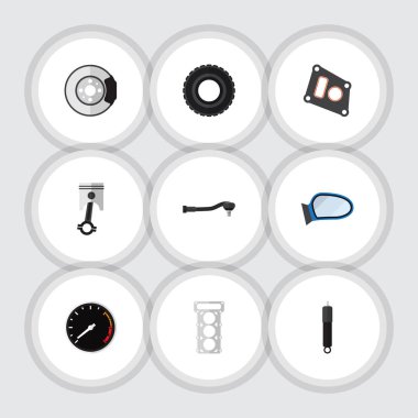 Düz simgesi bileşen kümesini tekerlek, teknoloji, Tachometr ve diğer vektör nesneleri. Ayrıca küresel içerir Tachometr, fren elemanları.