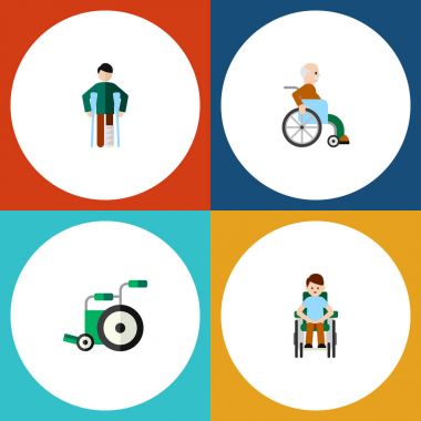 Düz simgesi sakat kümesi ekipmanları, özürlü, özürlü adam vektör nesneleri. Ayrıca koltuk değneği, adam, ekipman öğeler içerir.