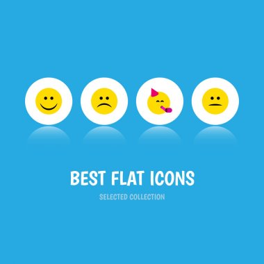 Düz simgesi yüz parti zamanı ifade, memnun, üzgün ve diğer vektör nesneleri kümesi. Ayrıca üzgün, içerir ruh hali, parti öğeleri.