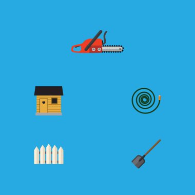 Düz kutsal kişilerin resmi Bahçe Hosepipe, kürek, ahır ve diğer vektör nesneleri kümesi. Ayrıca kürek, bıçak, testere unsurları içerir.