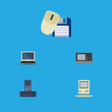 Düz simge bilgisayar seti, bilgisayar faresi, bilgi işlem Vintage donanım ve diğer vektör nesneleri. Ayrıca disket, fare, bilgisayar öğeleri içerir.