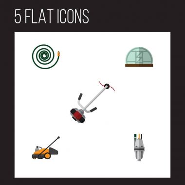 Düz kutsal kişilerin resmi Bahçe sera, çim biçme makinesi, Hosepipe ve diğer vektör nesneleri kümesi. Ayrıca hortum, aracı, biçme makinesi öğeleri içerir.