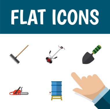 Düz simgesi çiftlik kümesi çim-kesici, demir testeresi, Harrow ve diğer vektör nesneleri. Ayrıca araç, Harrow, Blade öğeleri içerir.