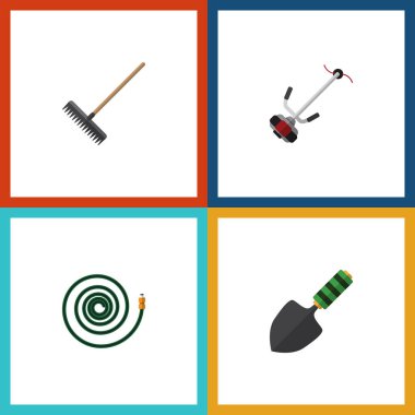 Düz simge çiftlik seti mala, çim-kesici, Harrow ve diğer vektör nesneleri. Ayrıca araç, biçme, kesici öğeleri içerir.