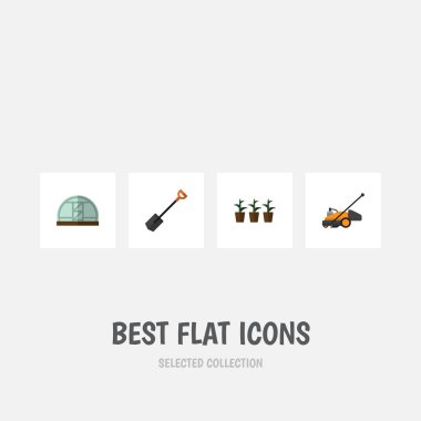 Düz simgesi kulübemde Spade, çim biçme makinesi, saksı ve diğer vektör nesnelerini ayarlayın. Ayrıca kürek, botanik, saksı unsurları içerir.