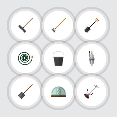 Düz simgesi kulübemde kova, aracı, kürek ve diğer vektör nesneleri kümesi. Aynı zamanda sera, kova, Spade unsurları içerir.