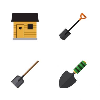 Düz kutsal kişilerin resmi Bahçe küreği, otlak, mala ve diğer vektör nesneleri kümesi. Ayrıca araç, kürek, kürek unsurları içerir.