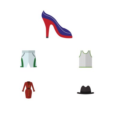 Düz simge kıyafetleri kümesi Giysi, Singlet, topuklu ayakkabı ve diğer vektör nesneleri. Ayrıca kolsuz, içerir gövdeleri, şort öğeleri.