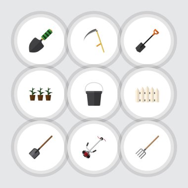 Düz simgesi çiftlik kümesi saksı, kova, kürek ve diğer vektör nesneleri. Ayrıca Spade, konteyner, biçme makinesi öğeleri içerir.