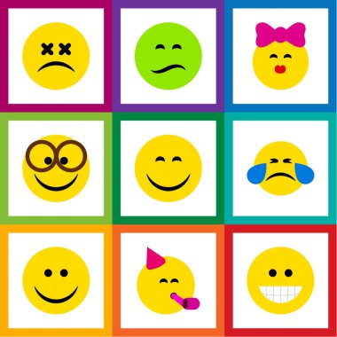 Düz simgesi yüz kümesi okşa, kaşlarını, parti zamanı ifade ve diğer vektör nesneleri. Ayrıca sevinç, gözyaşları, gözlük öğeleri içerir.