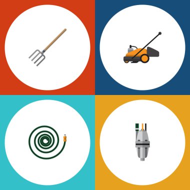 Düz kutsal kişilerin resmi Bahçe pompası, saman çatal, Hosepipe ve diğer vektör nesneleri kümesi. Ayrıca Bahçe, biçme, çim öğeleri içerir.