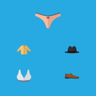 Erkek Footware, Brasserie, Panama ve diğer vektör nesnelerini düz simge kıyafet seti. Fedora, iç çamaşırı, erkek öğeleri de içerir.