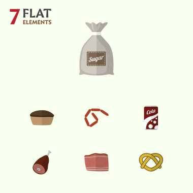 Domuz sucuğu, çuval, gazlı içecek ve diğer vektör nesnelerini düz simge yemek seti. Ayrıca Cola, simit, Tart öğeleri içerir.