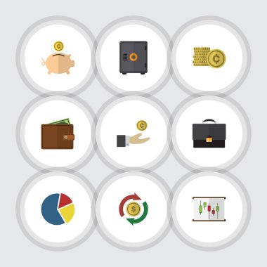 Düz simgesi gelen el sikke, Portföy, değişim vektör nesneleri ile ayarlayın. Ayrıca nakit, Portföy, Bar öğeleri içerir.