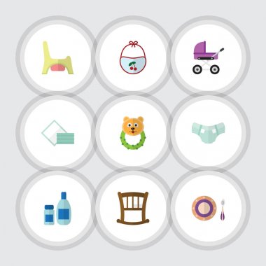 Düz simgesi bebek çıngırak, bebek arabası, krem losyon ve diğer vektör nesneleri kümesi. Ayrıca içerir memnun etmektedir, ayı, alt öğeleri.