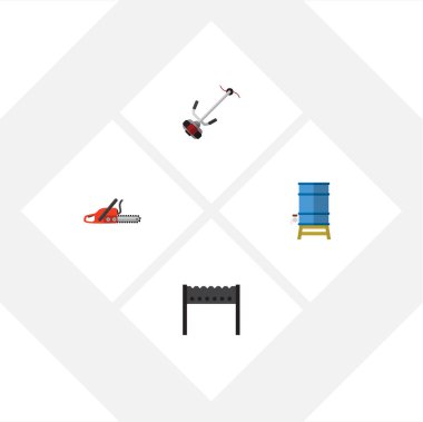 Diğer vektör nesnelerine ve demir testeresi düz kutsal kişilerin resmi Bahçe Barbekü, çim-kesici, kümesi. Ayrıca Barbekü, çim, mangal öğeleri içerir.