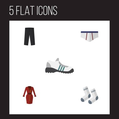 Düz simgesi elbise elbise, pantolon, ayak Tekstil ve diğer vektör nesnelerini ayarlayın. Ayrıca spor ayakkabı, lastikbotlar, hazır giyim öğeleri içerir.