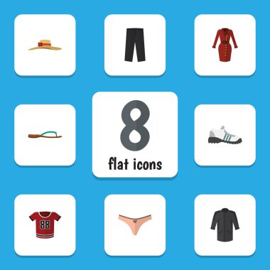 Düz simgesi giysi kümesi giysiler, pantolon, iç çamaşırı ve diğer vektör nesneleri. Ayrıca Giysi, elbise, pantolon öğeleri içerir.
