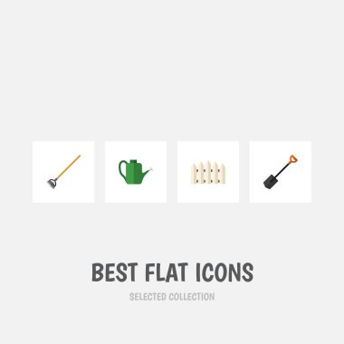 Düz simge çiftlik seti ahşap bariyer, aracı, kürek ve diğer vektör nesneleri. Ayrıca ahşap, içerir çit, bariyer elemanları.