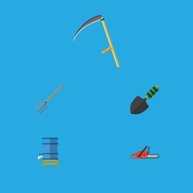 Düz simgesi kulübemde kümesi demir testeresi, saman çatal, mala ve diğer vektör nesneleri. Ayrıca Spatula, kürek, tırpan unsurları içerir.