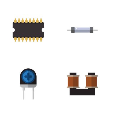 Düz simgesi aygıt kümesi direnç, bobin bakır, mikro işlemci ve diğer vektör nesneleri. Ayrıca transistör, bakır, dönüştürücü öğeleri içerir.