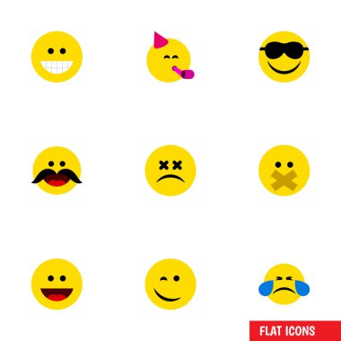Diğer vektör nesneleri ve düz simgesi ifade kümesi gülmek, sus, göz kırpıyor. Ayrıca bıyık, sus, üzgün unsurları içerir.