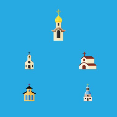 Düz simgesi bina yapısı, kilise, Katolik ve diğer vektör nesneleri kümesi. Aynı zamanda din, Katolik, inanç öğeleri içerir.
