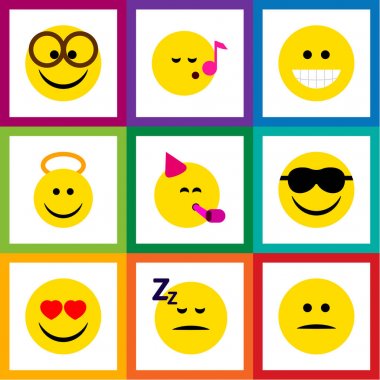 Düz simgesi yüz dizi melek, sırıtma, hoş ve diğer vektör nesneleri. Öğeleri şarkı neşeli, eğlenceli, ayrıca içerir.