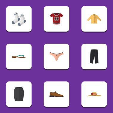 T-Shirt, erkek Footware, şık şapkalar ve diğer vektör nesnelerini düz simge giysi seti. Ayrıca pantolon, adam, Footware öğeler içerir.