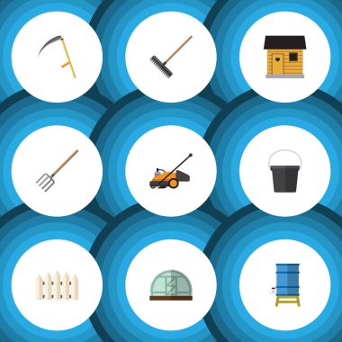 Düz simgesi kulübemde Harrow, konteyner, saman çatal ve diğer vektör nesneleri kümesi. Ayrıca çit, ahşap, Barn öğeler içerir.