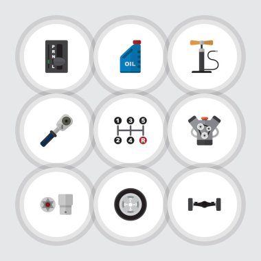 Düz simge atölye seti Motor, benzinli, çarkı pompa ve diğer vektör nesneleri. Ayrıca lastik, içerir el kitabı, motoru öğeleri.
