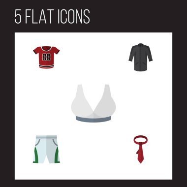 Düz simge kümesi elbise şort kumaştan kravat, T-Shirt ve diğer vektör nesneleri. Kimono, sütyen, bluz öğeleri de içerir.