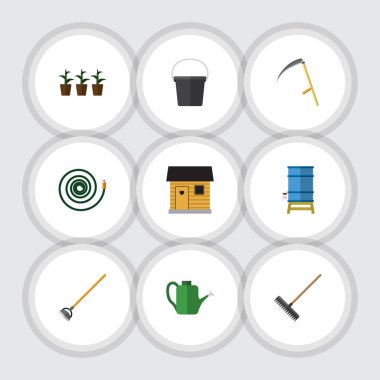 Düz kutsal kişilerin resmi Bahçe saksı, otlak, kesici ve diğer vektör nesneleri kümesi. Ayrıca Hosepipe, Stabling, hortum öğeleri içerir.