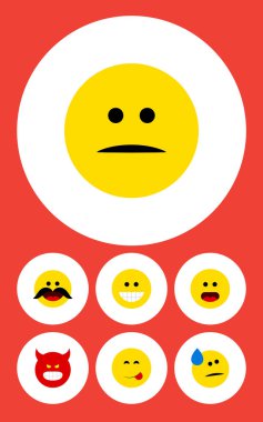 Düz simgesi ifade kümesi sırıtış, merak, lezzetli yemekleri ve diğer vektör nesneleri. Ayrıca öfkeli, içerir yüz, Emoji elemanları.