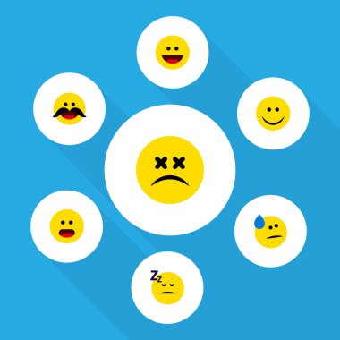 Düz simgesi yüz sevinç, uykuda, neşeli ve diğer vektör nesneleri kümesi. Da karıştı, baş dönmesi, merak unsurları içerir.