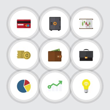 Düz simgesi Finans ödeme, cüzdan, diyagram ve diğer vektör nesneleri ayarlayın. Kasa, ok, diyagram öğelerine de içerir.