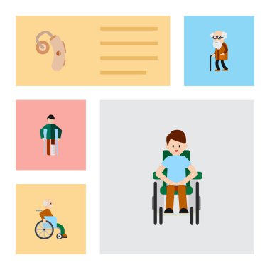 Düz simgesi sakat sakat, Engelli kişi, özürlü adam vektör nesneleri kümesi. Ayrıca içerir yaralı, yaşlı, özürlü öğeleri.