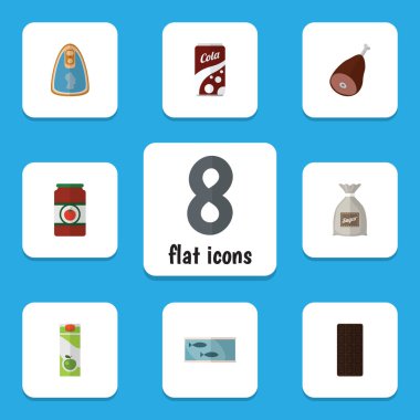 Düz simgesi gıda kümesi Konserve tavuk, ketçap, çuval ve diğer vektör nesneleri. Ayrıca şeker, konfeksiyon, gazlı öğeleri içerir.