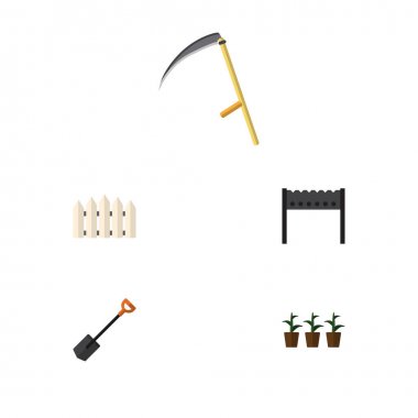Düz simgesi kulübemde saksı, kesici, Barbekü ve diğer vektör nesneleri kümesi. Tırpan, kürek, mangal öğeleri de içerir.