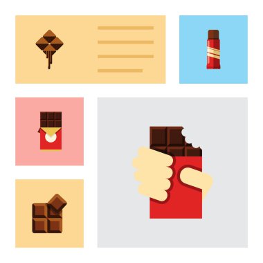 Düz simgesi çikolata çikolata Bar, kakao, şekilli kutu ve diğer vektör nesneleri kümesi. Ayrıca içerir tatlı, lezzetli, konfeksiyon öğeleri.