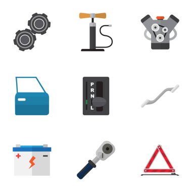 Düz simgesi atölye kümesi Ratchet, kemer, akü ve diğer vektör nesneleri. Ayrıca Motor, ortak, Coupler öğeleri içerir.